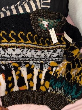 Anthropologie Black, Yellow & Teal Mixed-Print Crewneck Sweater